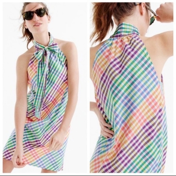 J. Crew Tie Neck Rainbow Gingham Cotton A-line Sleeveless Dress Size 2P - Picture 1 of 15